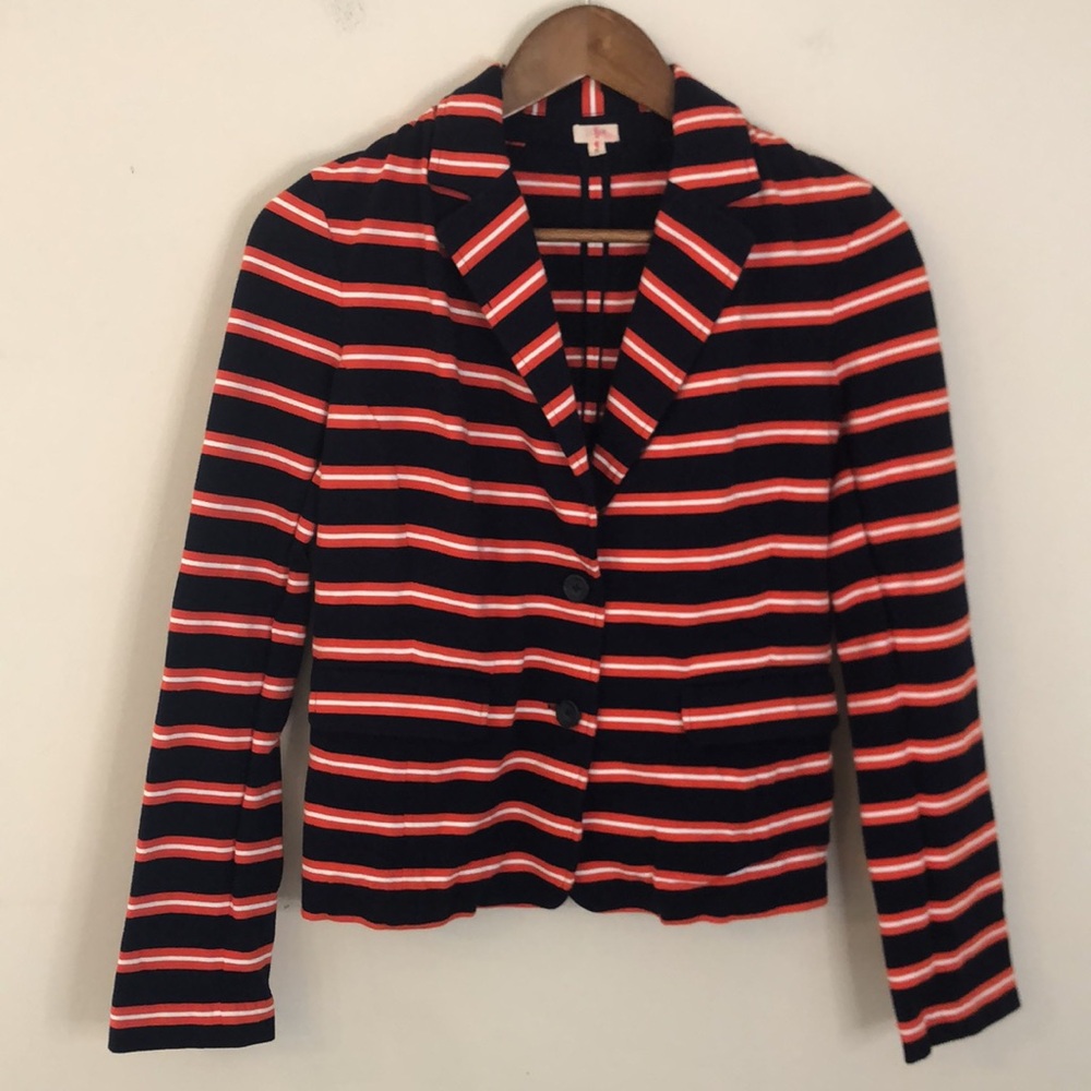 J. Crew retro preppy cotton Navy & Red striped blazer V neck front pockets SZ SM